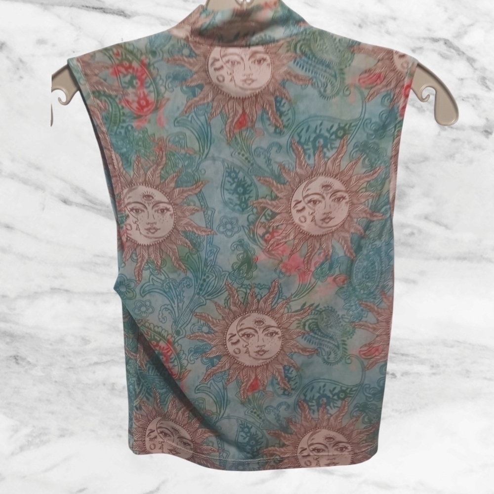 Sleeveless Sun & Moon Print Mock Neck Top green/Tan Small - Picture 5 of 7